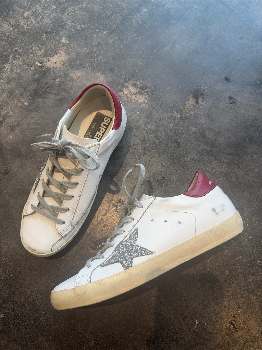 Golden Goose White Leather Sneakers with Silver Glitter Star and Burgundy Heel